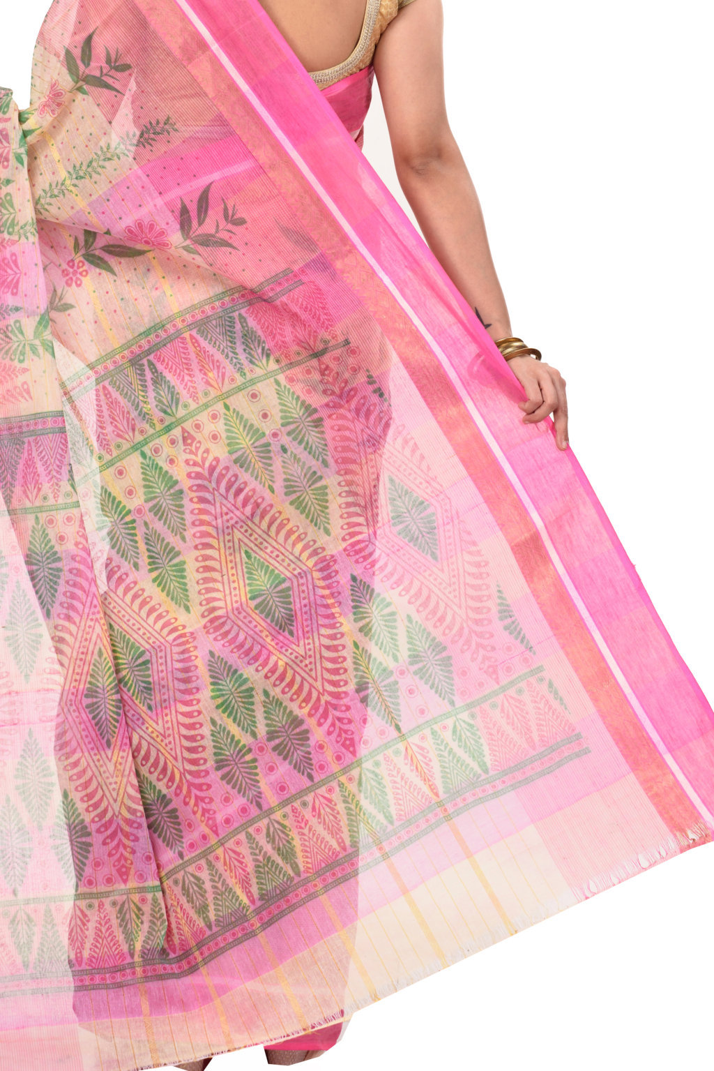 Pink Pure Cotton Lata Pata Tant Saree Print (435)
